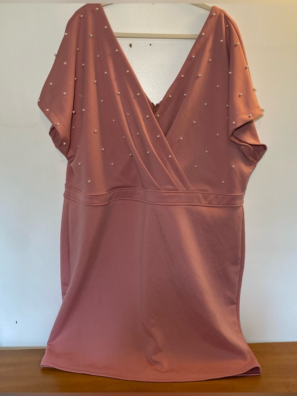 Ashley Stewart 26/28 Dress Evening Formal Mauve Pink Pearl Short Sleeve V-neck